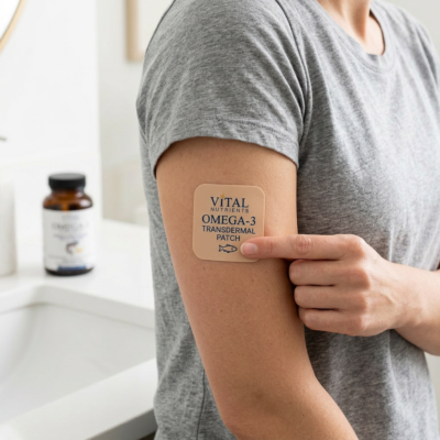 Omega-3 transdermal patch labeled Vital Nutrients on upper arm